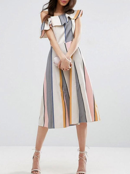 One Shoulder Ruffle Stripe Dress - WealFeel