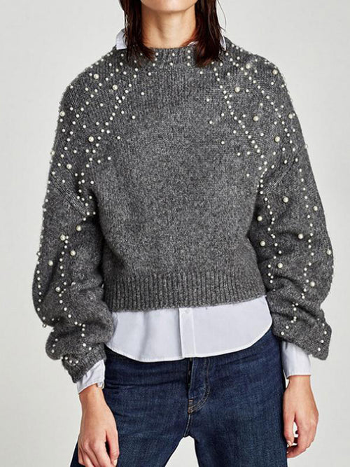 Women Fashion Pearl Long-sleeved Sweater - WealFeel