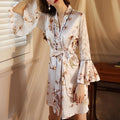 Womens Short Floral Satin Robes Ruffle Lace Mesh Long Sleeve Bathrobe Sexy Bridesmaid Silk Nightgown - WealFeel