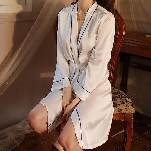 Women's Satin Robe Sexy Long Sleeves Kimono Valentines Lingerie for Women Solid Silk Bridesmaids Bathrobe - WealFeel