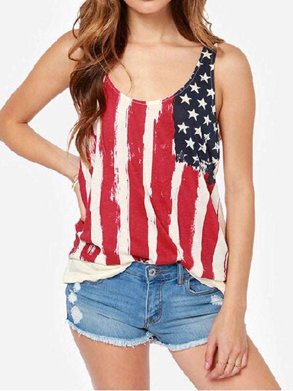 Women Sleeveless American Flag Print T-Shirt - WealFeel