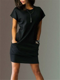 Pure Color Round Neck Dress With Pockets - WealFeel