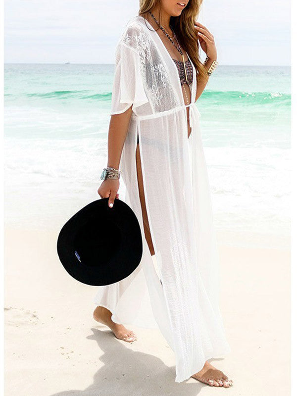 White Lace Chiffon Cover Up Beach Dress - WealFeel