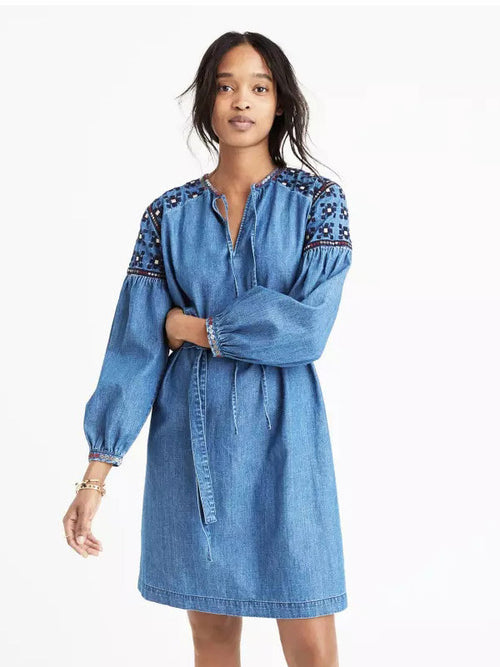 Denim Embroidered Lace-up Dress - WealFeel