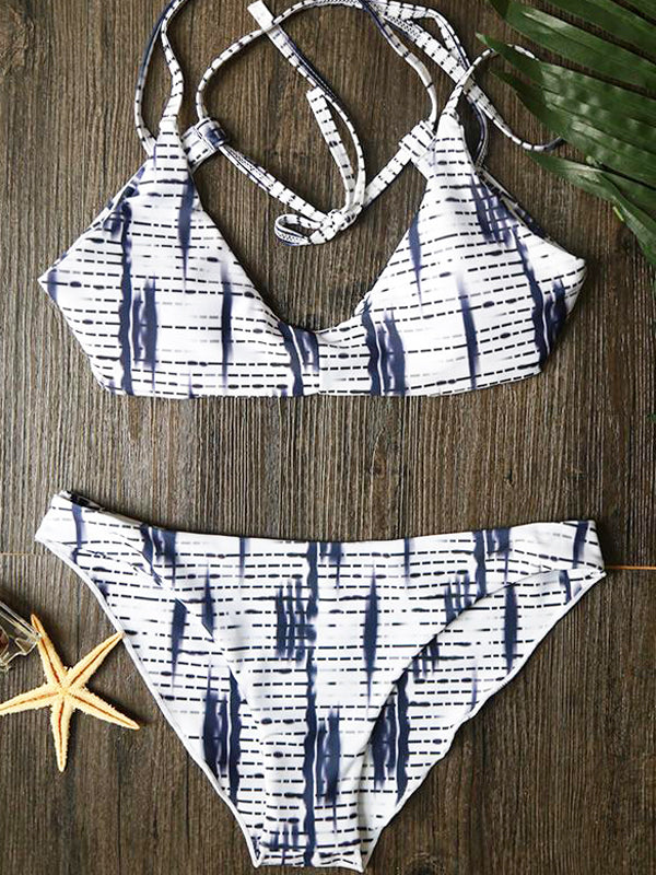 Blue Stripe Printed Cross Back Bikini Sets - WealFeel