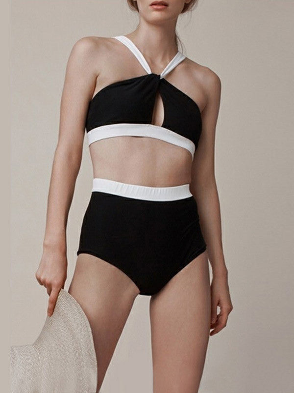 Color Black&White Collision High-waisted Bikini Sets - WealFeel