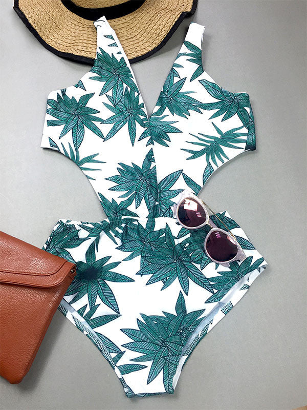 Green Leaf Printed One-piece Swimsuit - WealFeel