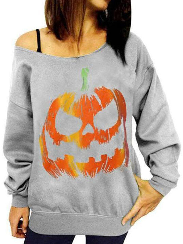 Pumpkin Head Pattern Printed Long-Sleeved Strapless Sweatshirt - WealFeel