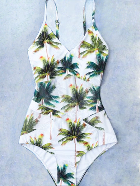 Green Palm Printed One-piece Swimsuit - WealFeel