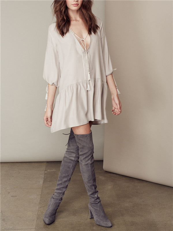 Pure Color 3/4 Sleeve Deep V Dress - WealFeel