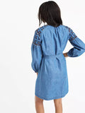Denim Embroidered Lace-up Dress - WealFeel