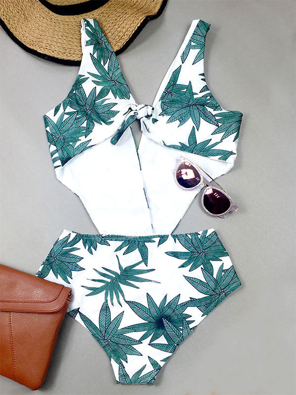 Green Leaf Printed One-piece Swimsuit