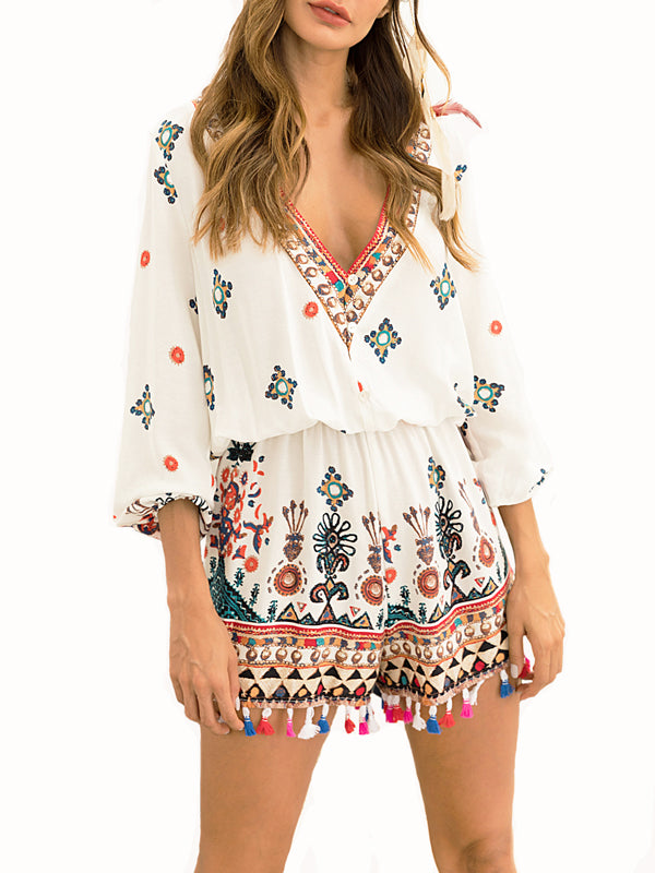 V-neck Printing Cropped Sleeves Jumpsuit - WealFeel