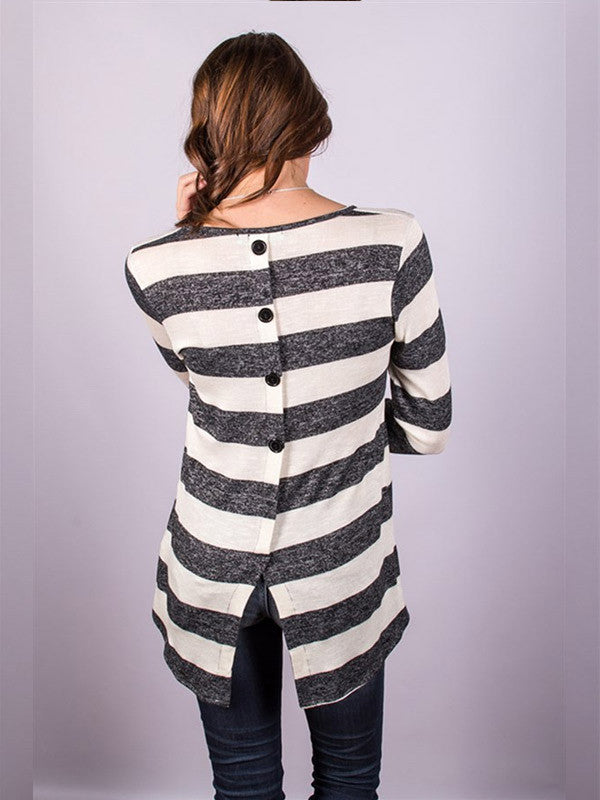 Casual Long Sleeve Back Button Striped T-shirt - WealFeel