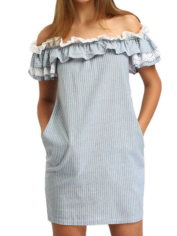 Sweet Off Shoulder Ruffles Striped Mini Dress - WealFeel