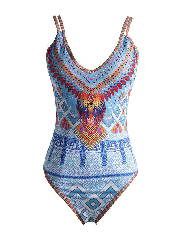 Blue Printed Halter One-piece Swimsuit - WealFeel
