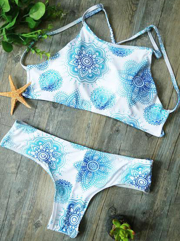 Printed Cross Back Tank Bikini Sets - WealFeel