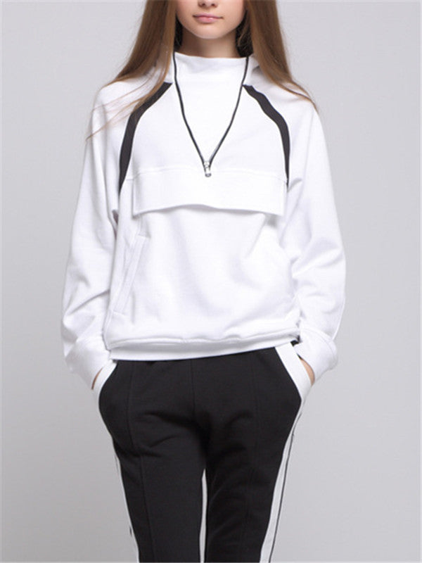 V-neck Zipper Design White Hooded Sweatshirt - WealFeel