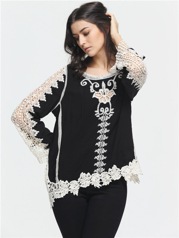 White Lace Stitching Black Round Neck Top - WealFeel