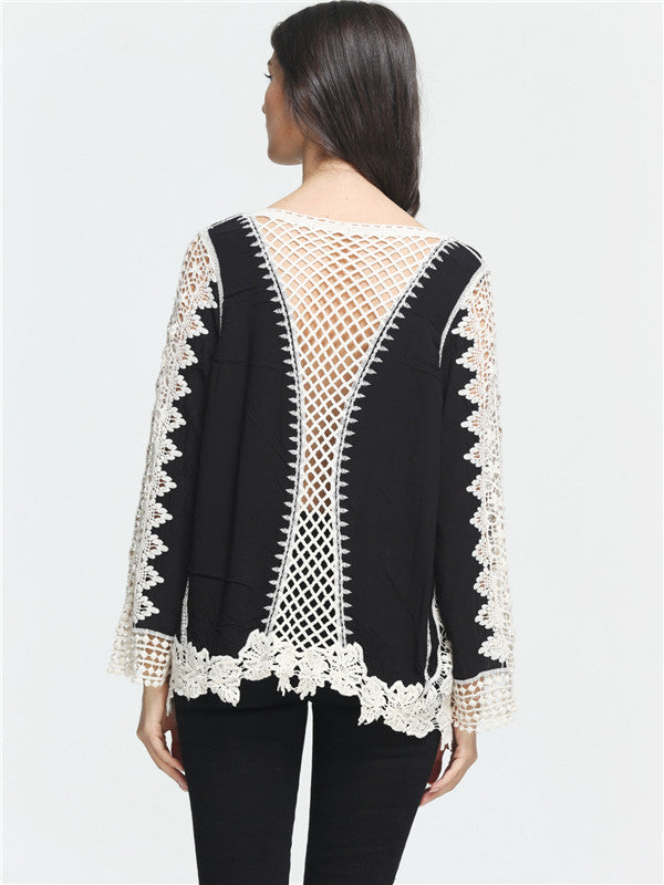 White Lace Stitching Black Round Neck Top - WealFeel