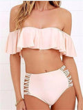 Pure Color Off-the-shoulder Flouncing Bikini Sets - WealFeel