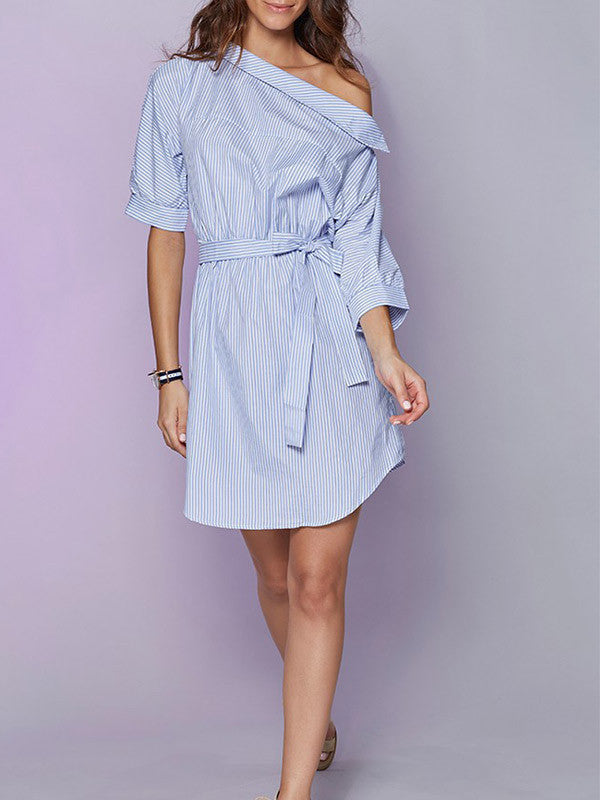 All for One Shoulder Striped Shirt Dress - WealFeel