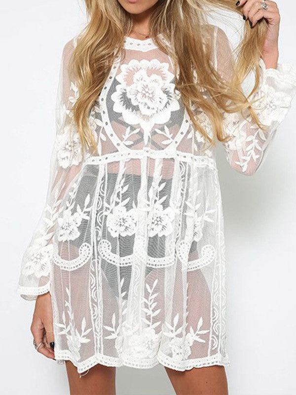 Lace Long Sleeves See Through Mini Dress - WealFeel
