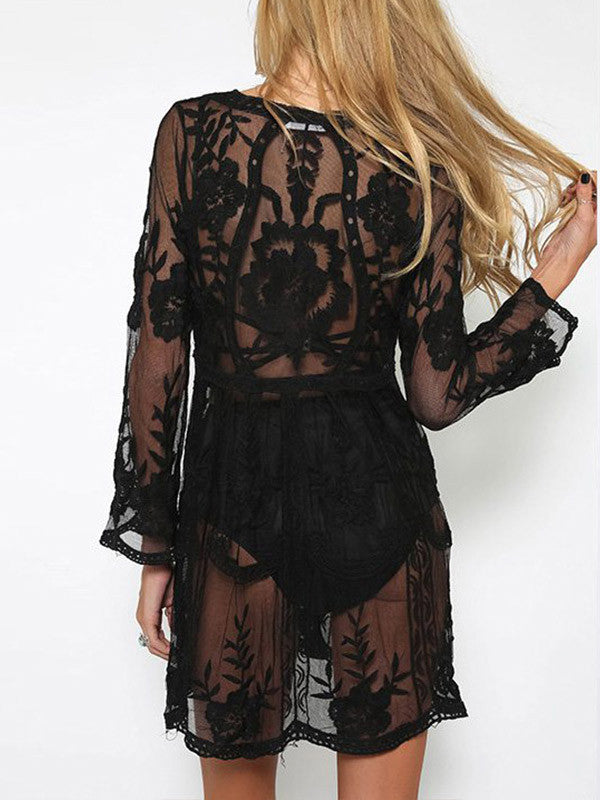 Lace Long Sleeves See Through Mini Dress - WealFeel