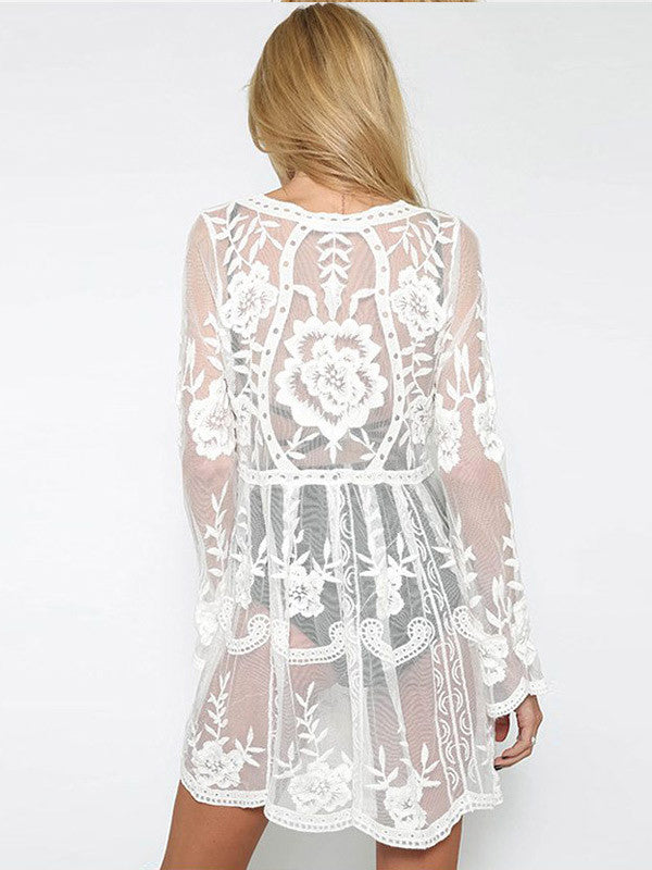 Lace Long Sleeves See Through Mini Dress - WealFeel