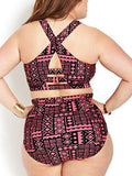 Pink Geometric Cross High Waisted Bikini Sets - WealFeel