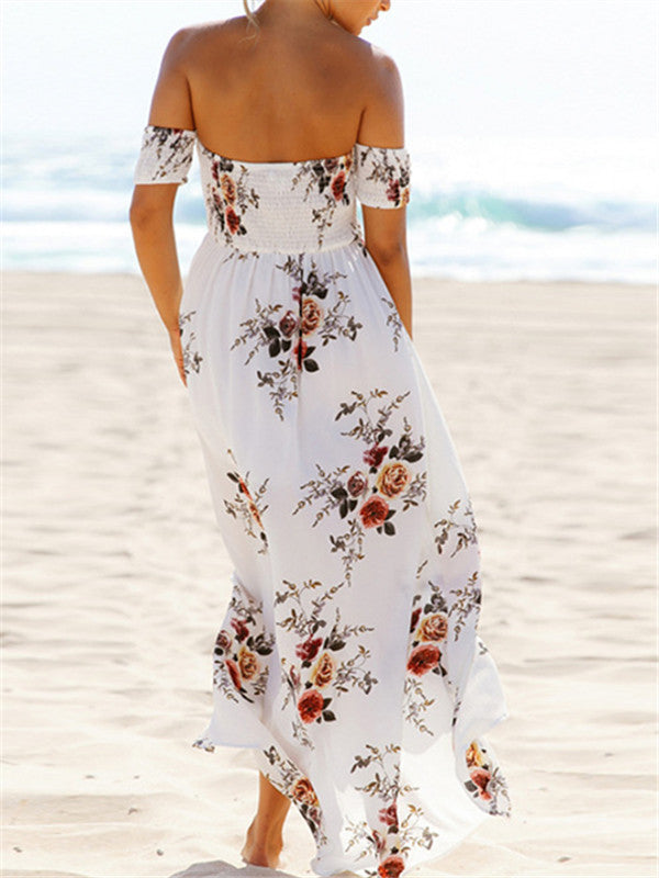 Off The Shoulder Long Irregular Printed Dress - WealFeel