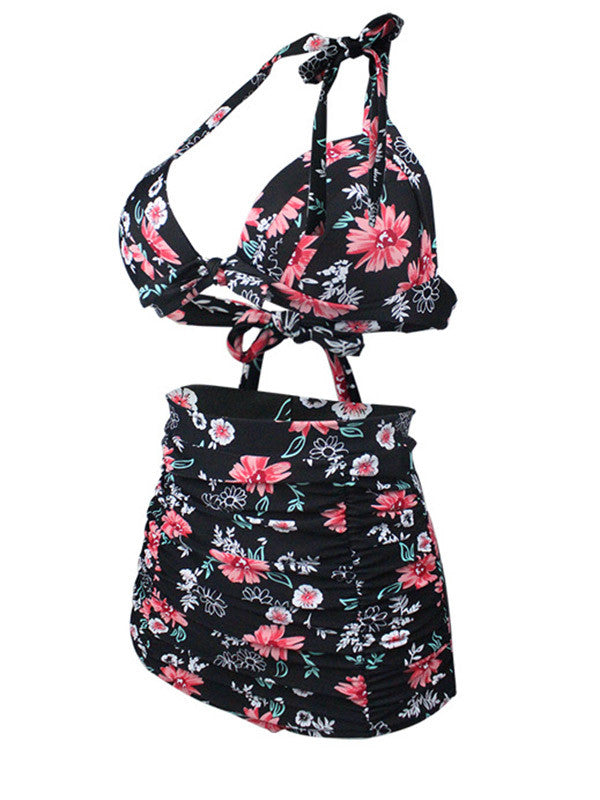 Floral Lace-up Ruffled High Waisted Bikini Set - WealFeel