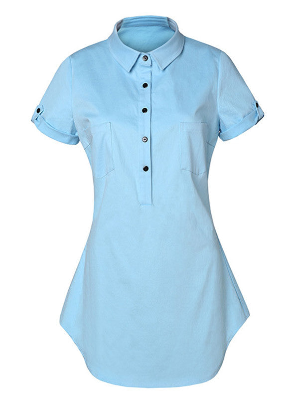 Casual Short Sleeves Pocket Denim Shirt Dress - WealFeel