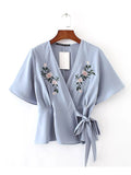 Embroidery Kimono Cross Colpus Lace-up Shirt - WealFeel
