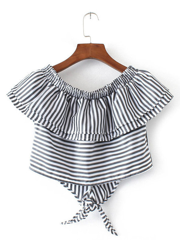 Stripes Print Knotted Front Ruffled Top - WealFeel