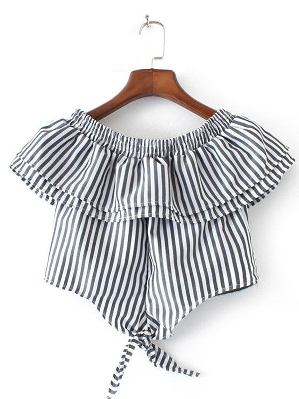 Stripes Print Knotted Front Ruffled Top - WealFeel