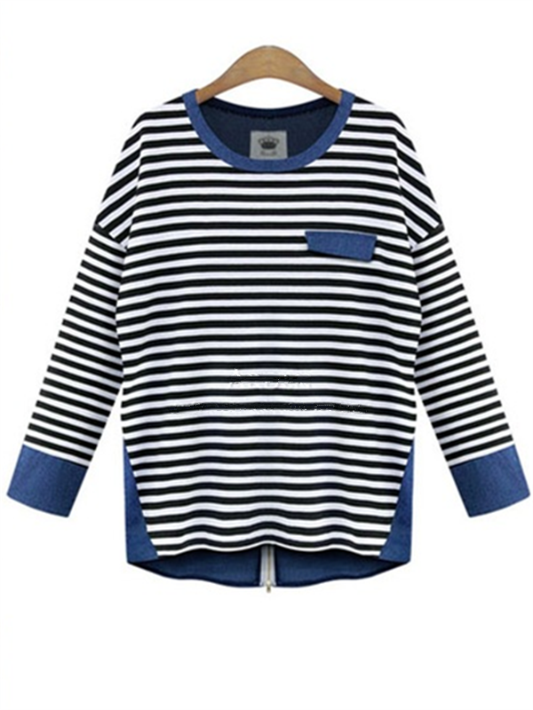 Long-sleeved Denim stitching Striped T-shirt - WealFeel
