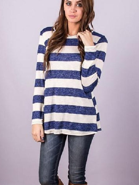 Casual Long Sleeve Back Button Striped T-shirt - WealFeel
