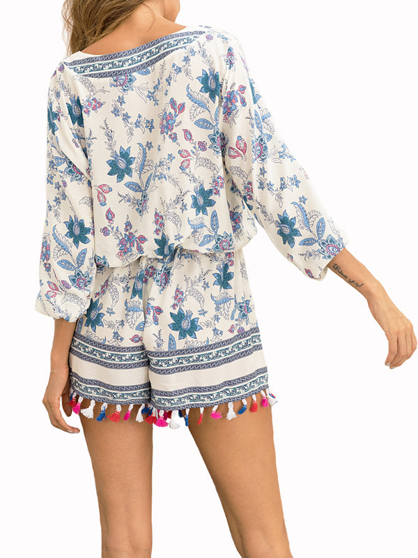 V-neck Printing Cropped Sleeves Jumpsuit - WealFeel