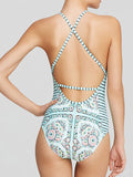 Will You Love My Geometric Printed Lace up Back One-piece Swimsuit - WealFeel