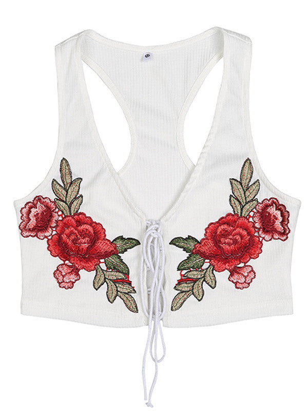 White Embroidered Lace-up Bra Crop Top - WealFeel