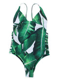 Green Leaf Printed One-piece Cut Out Swimsuit - WealFeel