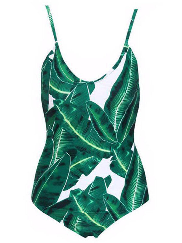 Green Leaf Printed One-piece Cut Out Swimsuit - WealFeel