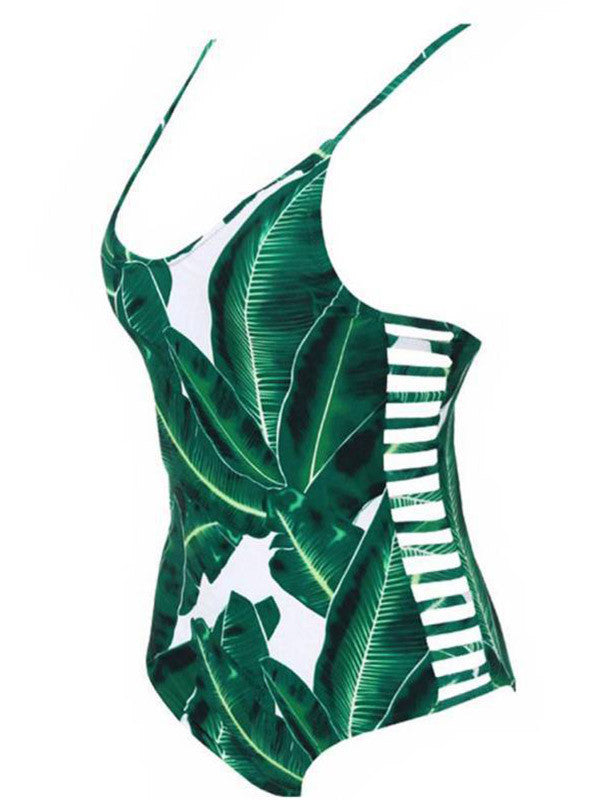 Green Leaf Printed One-piece Cut Out Swimsuit - WealFeel