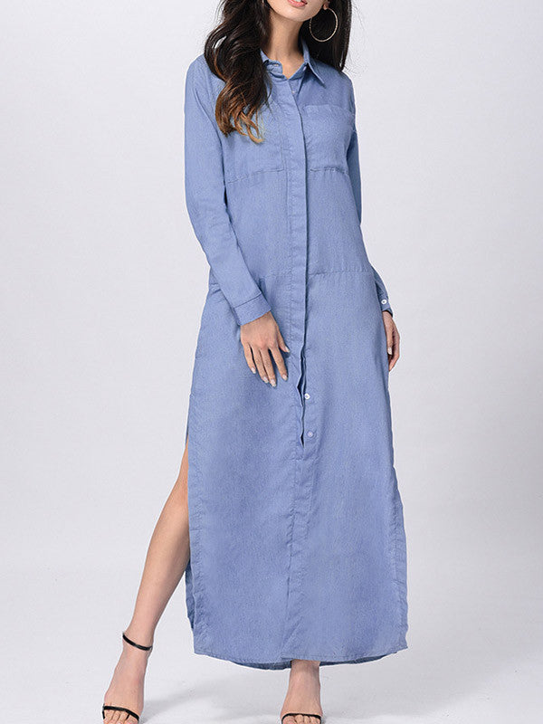 Blue Denim Shirt Collar Long Sleeve Slit Side Maxi Dress - WealFeel