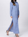 Blue Denim Shirt Collar Long Sleeve Slit Side Maxi Dress - WealFeel