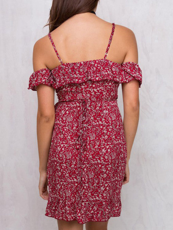 Floral Ruffle Cold Shoulder Summer Mini Dress - WealFeel