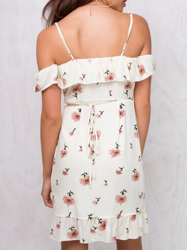 Floral Ruffle Cold Shoulder Summer Mini Dress - WealFeel