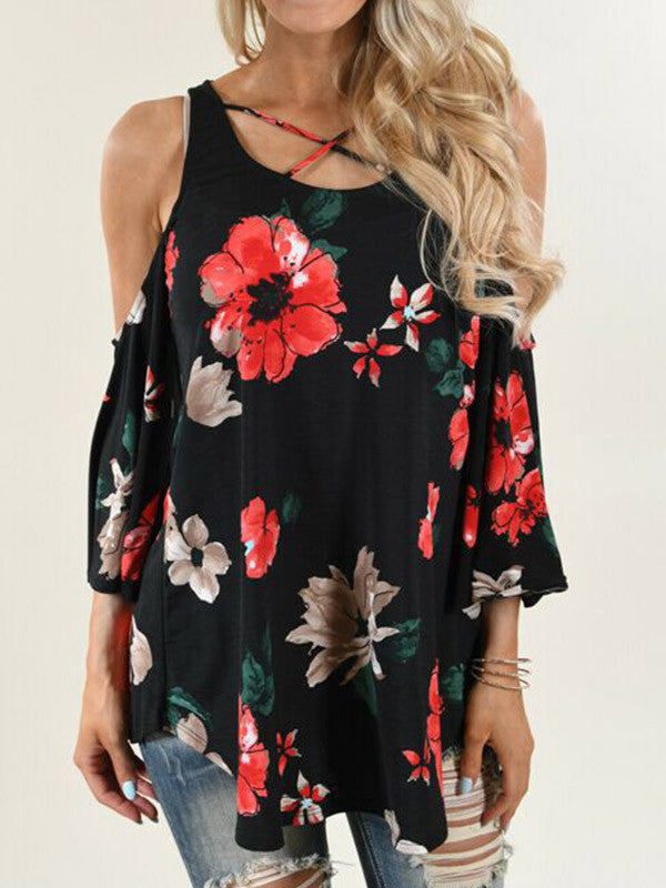 Women Cold Shoulder Floral Top - WealFeel