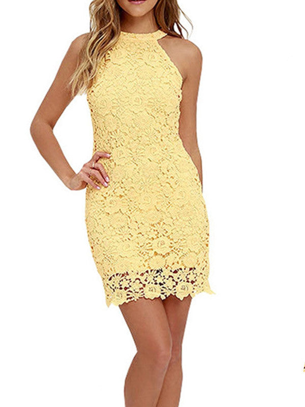 Summer Sleeveless Halter Lace Bodycon Mini Dress - WealFeel